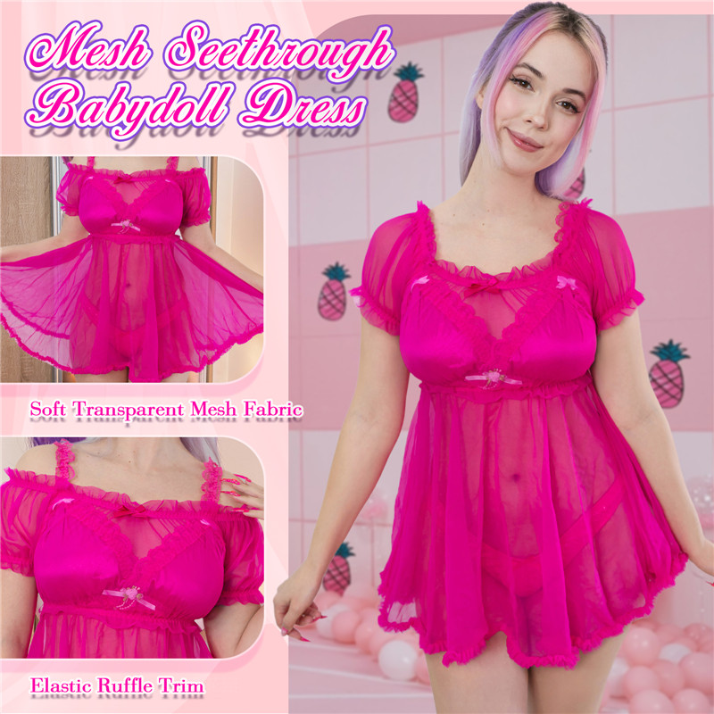 Unisex Mesh Seethrough Babydoll Dress Hot Pink - Image 6