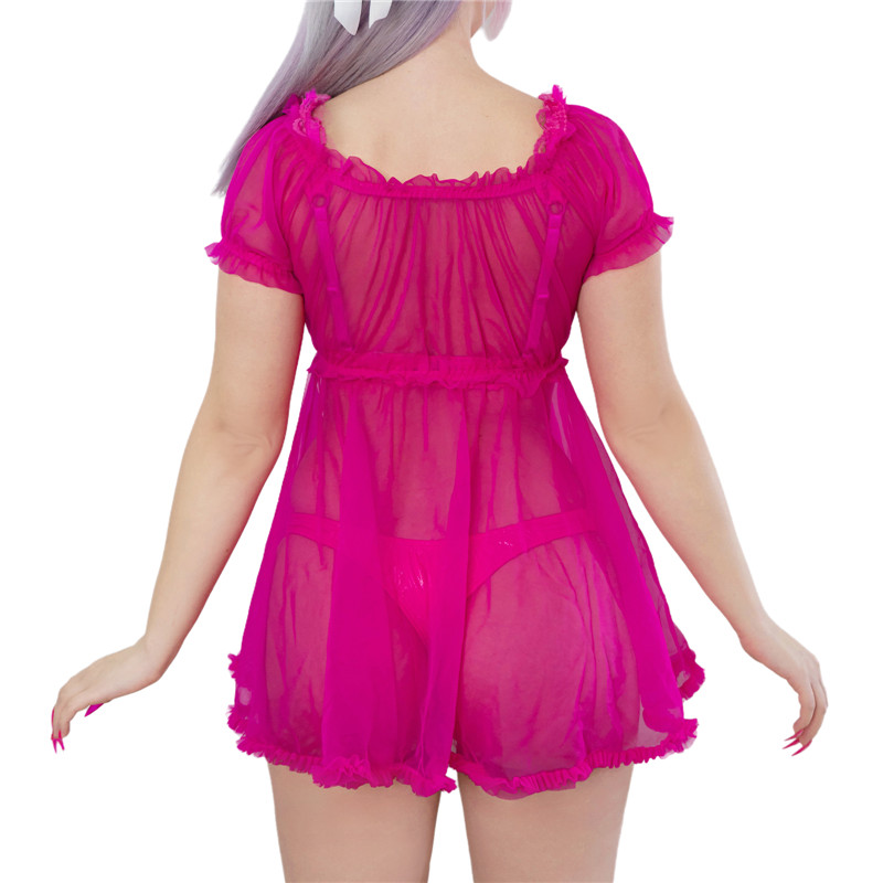 Unisex Mesh Seethrough Babydoll Dress Hot Pink - Image 2
