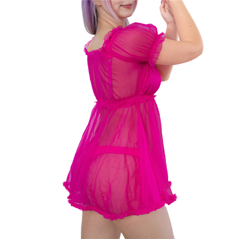 Unisex Mesh Seethrough Babydoll Dress Hot Pink - Image 3