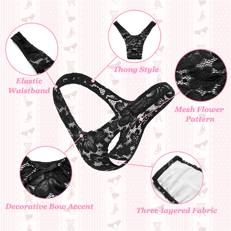 Mesh Flower Thong Tucking Gaff Panties Black - Image 5