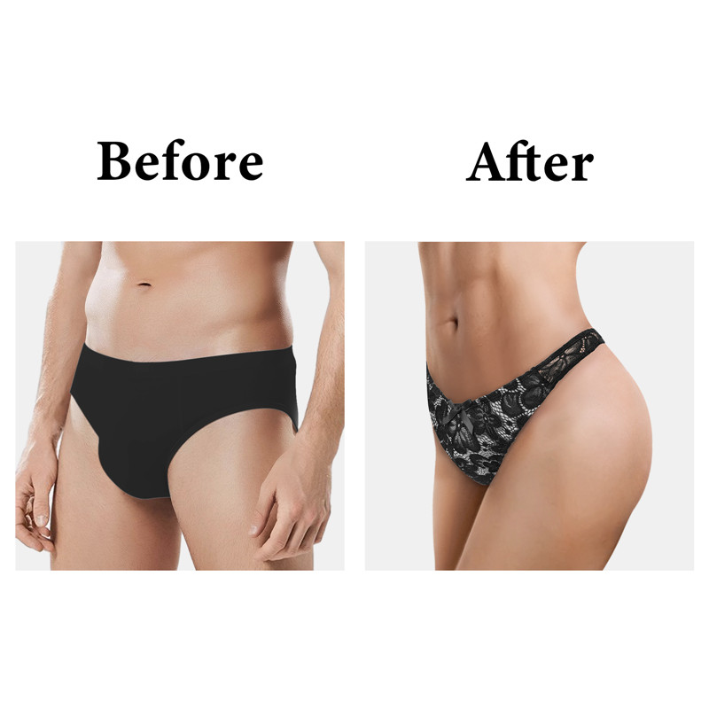 Mesh Flower Thong Tucking Gaff Panties Black - Image 2