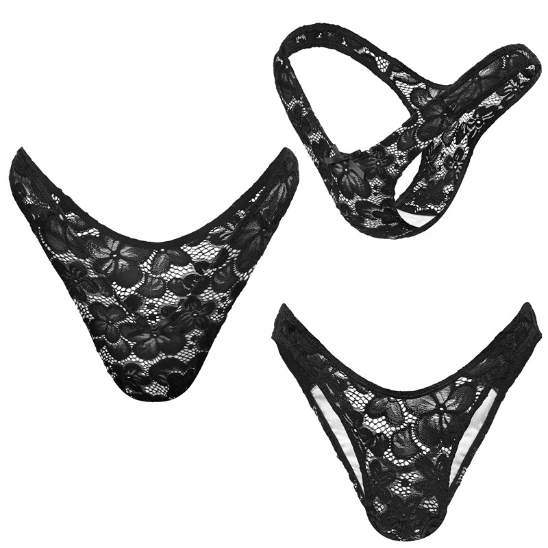 Mesh Flower Thong Tucking Gaff Panties Black - Image 3