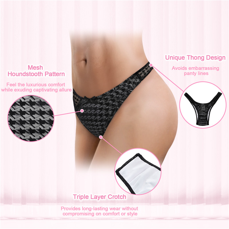 Mesh Houndstooth Thong Tucking Gaff Panties Black - Image 2