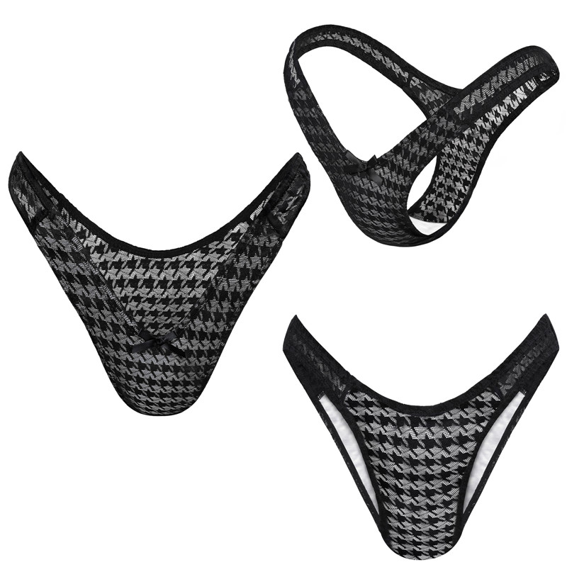 Mesh Houndstooth Thong Tucking Gaff Panties Black - Image 3