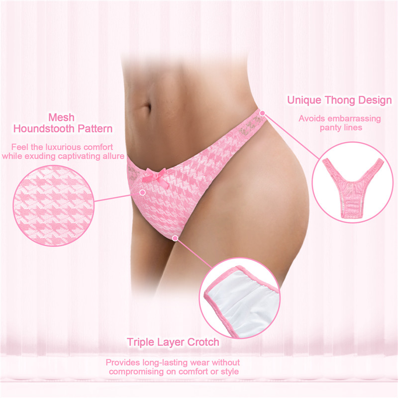 Mesh Houndstooth Thong Tucking Gaff Panties Pink - Image 2