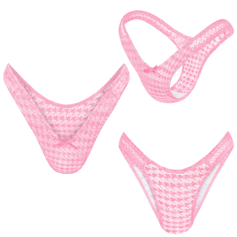 Mesh Houndstooth Thong Tucking Gaff Panties Pink - Image 7