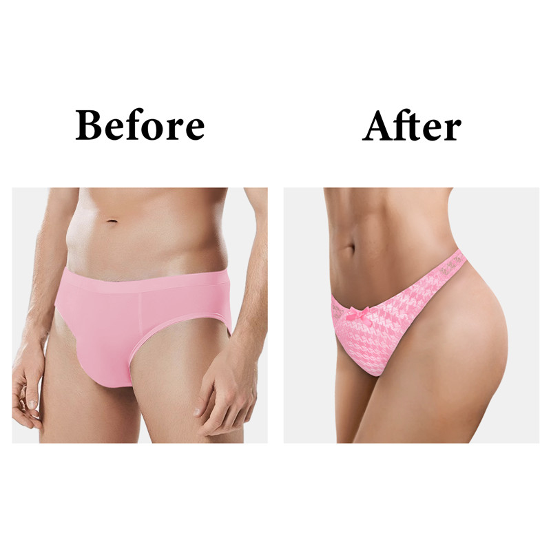 Mesh Houndstooth Thong Tucking Gaff Panties Pink - Image 3