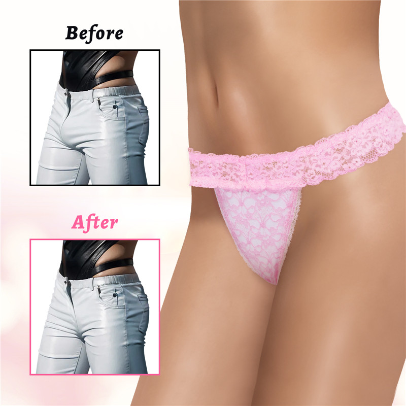 Lace Band Tucking Gaff Thong Panties Pink - Image 3