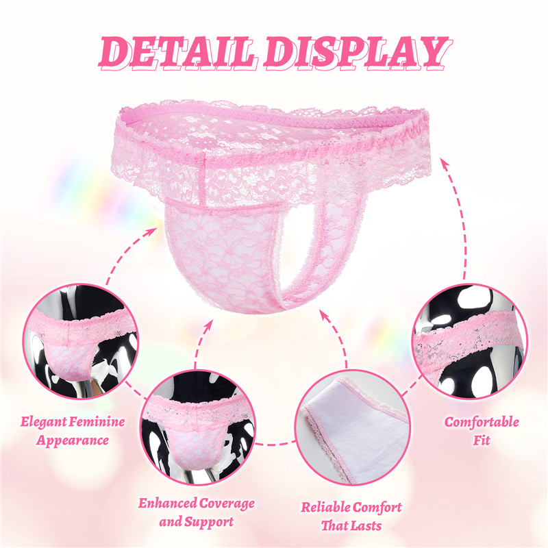 Lace Band Tucking Gaff Thong Panties Pink - Image 9