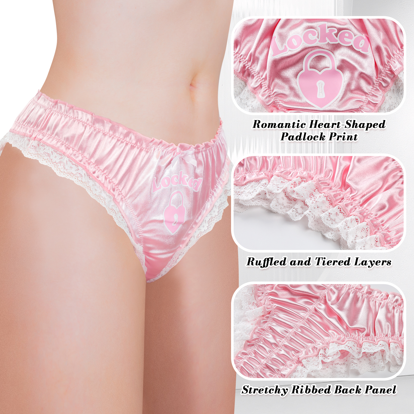 Chastity SissyUniversiry Satin Lace Panties Pink - Image 8