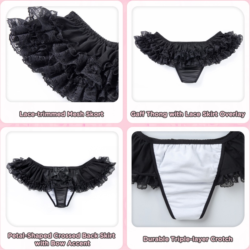 Lace Skort Tucking Thong Panties Black - Image 6