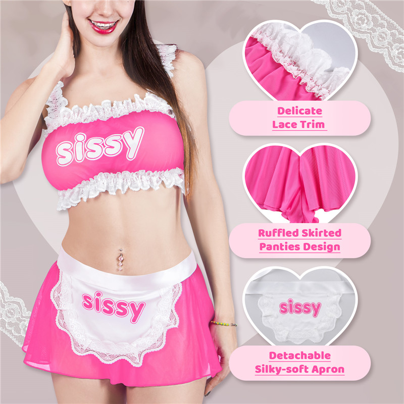 SissyUniversity Maid See-through Bralette Skirted Panties Set Hot Pink - Image 7
