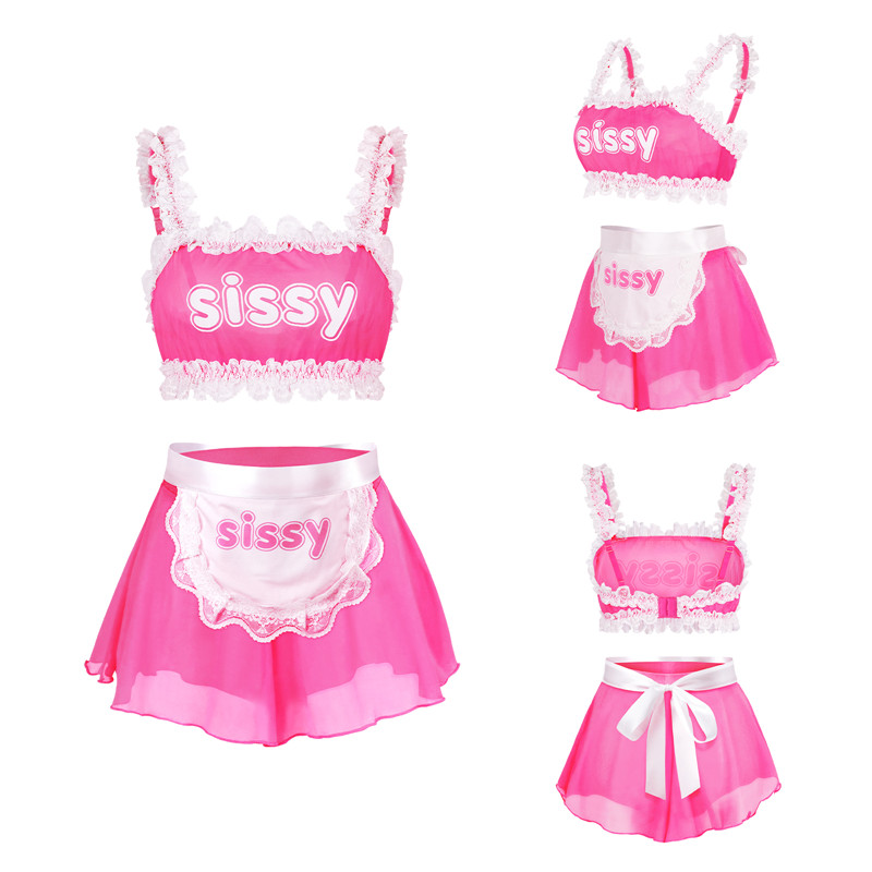 SissyUniversity Maid See-through Bralette Skirted Panties Set Hot Pink - Image 6