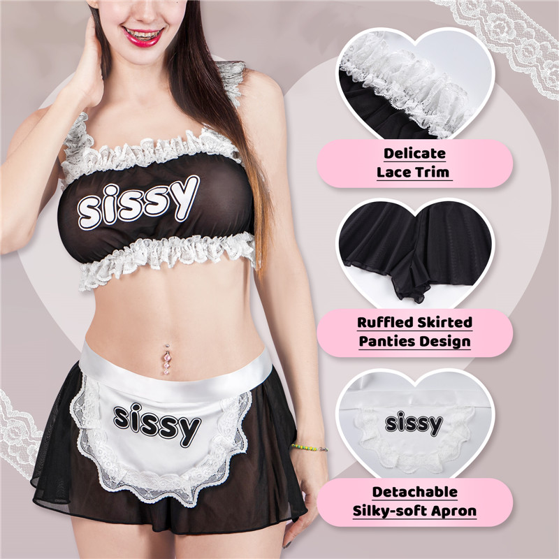 SissyUniversity Maid See-through Bralette Skirted Panties Set Black - Image 7