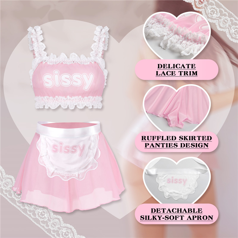 SissyUniversity Maid See-through Bralette Skirted Panties Set Pink - Image 6