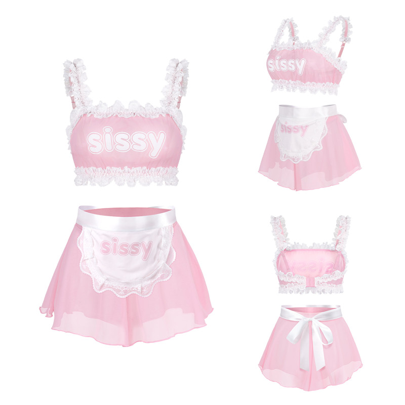 SissyUniversity Maid See-through Bralette Skirted Panties Set Pink - Image 5