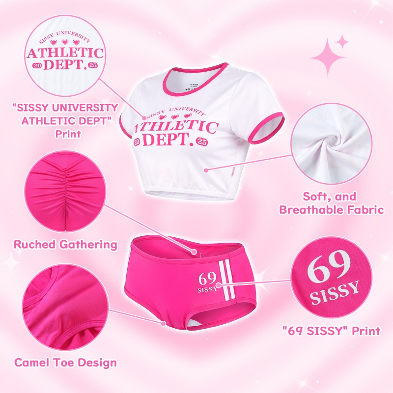SissyUniversity Varsity Gym Camel Toe Tucking Gaff Shorts Set - Image 6